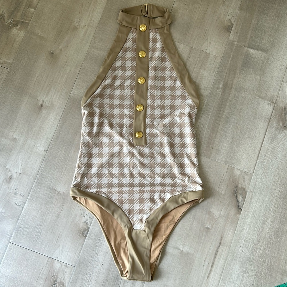 Beach Riot Halter Houndstooth Swimsuit with buttons (brand new)